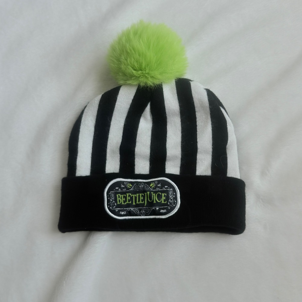 Beetlejuice Beanie Hat Unisex OS Black White Excellent Striped Pom Pom Beanie